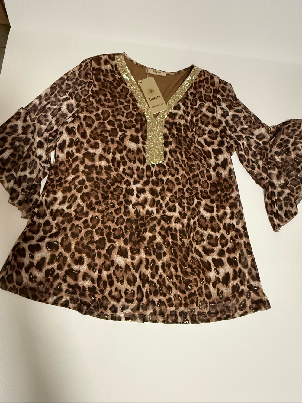 Leopard Print V-Neck Blouse with Gold Sequin Trim